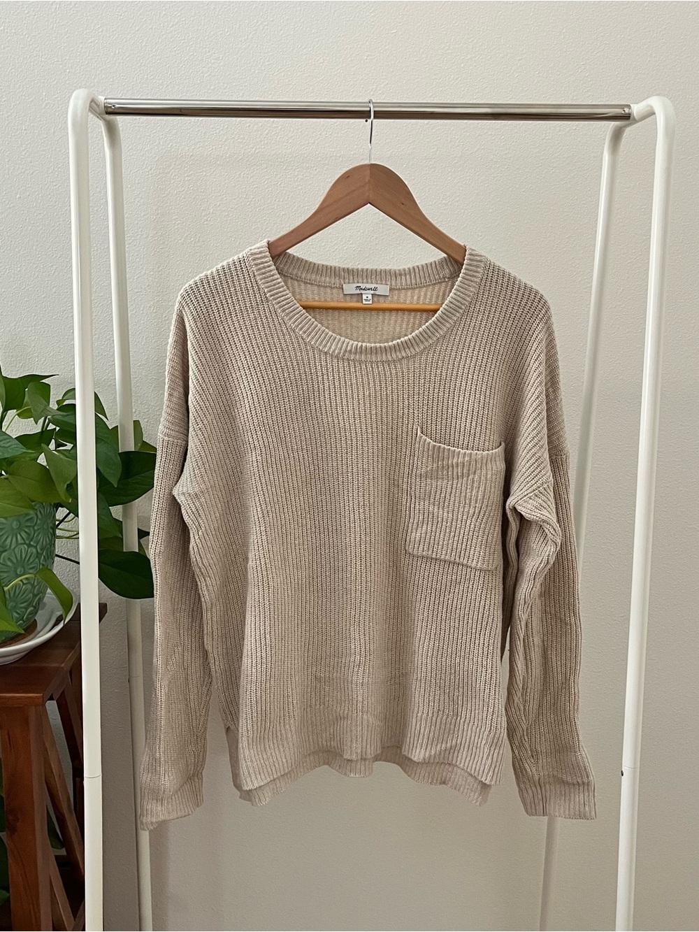 Madewell Soft Knit Crewneck Sweater with Pocket - Beige, Size M